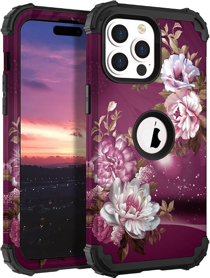 Hocase for iPhone 15 Pro Case, Heavy Duty Shockproof Protection Soft Silicone Rubber Bumper+Hard Plastic Hybrid Protective Case for iPhone 15 Pro 6.1" 2023 - Royal Purple Flowers