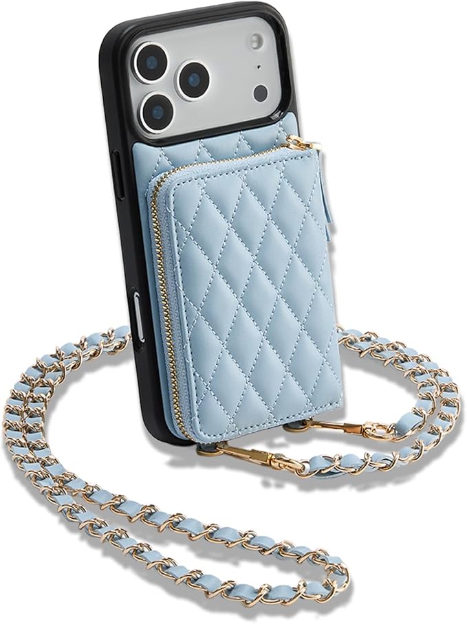 LAMEEKU for iPhone 17 Pro Case Wallet with Card Holder, Wrist Strap Crossbody Phone Cover for Women 6.3" Blue