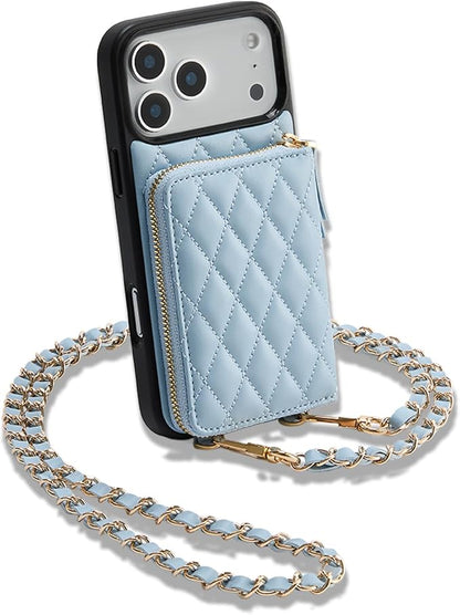 LAMEEKU for iPhone 17 Pro Case Wallet with Card Holder, Wrist Strap Crossbody Phone Cover for Women 6.3" Blue