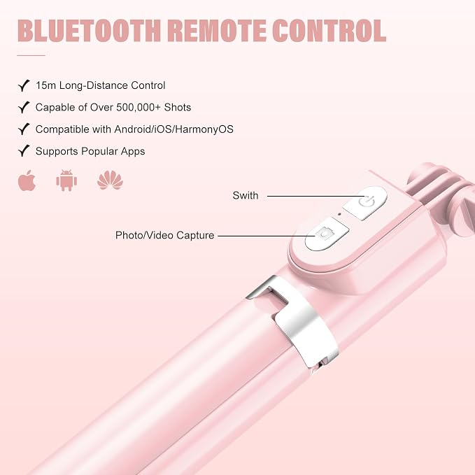Selfie Stick with Rechargable Remote & Light (1PC), Tripod for iPhone, Cell Phone Stand for Video Recording, Portable Travel Essentials Smartphone Mount Holder, Extendable Vlogging Filming Accessories