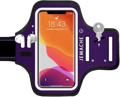 iPhone 17 16 Pro Armband, JEMACHE Gym Workouts Running Arm Band for iPhone 17/16/15/14/13 Pro with Airpods Holder (Purple)