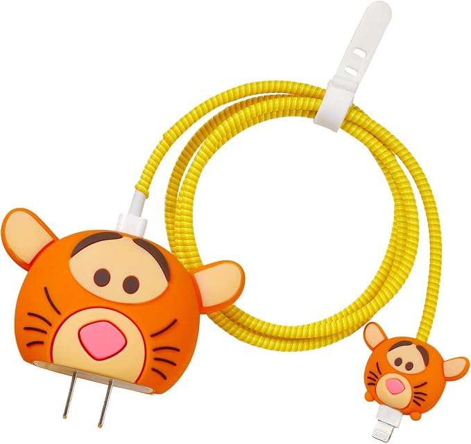 3D Cute Cartoon Charger Protector Case - Compatible for Apple 20W USB-C Power Adapter and Lightning Cable (Orange Tiger)