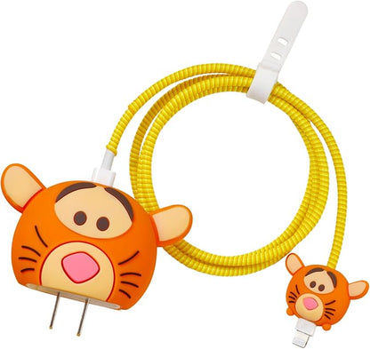 3D Cute Cartoon Charger Protector Case - Compatible for Apple 20W USB-C Power Adapter and Lightning Cable (Orange Tiger)