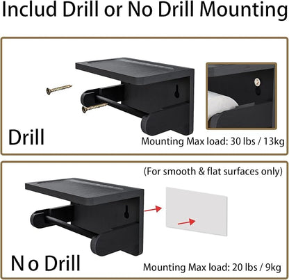 Drill-Free Toilet Paper Holder with Phone Shelf Bamboo Wall-Mounted, No-Drill & Drillable, Bathroom Storage Organizer, Space Saver Tissue Roll Rack for Bathroom, Kitchen, Home Decor (Black)