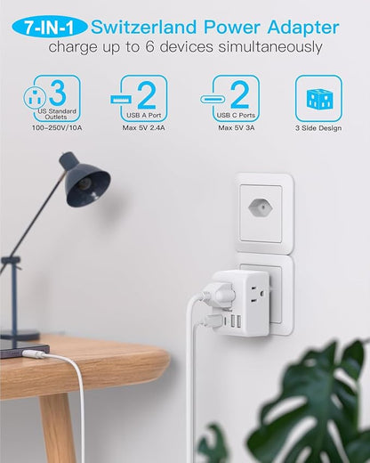 2 Pack Switzerland Travel Plug Adapter, Type J Power Adaptor | 3 Outlets 4 USB Charging Ports (2 USB C), Swiss Outlet Adapter Travel Plug for US to Switzerland, Liechtenstein, Rwanda