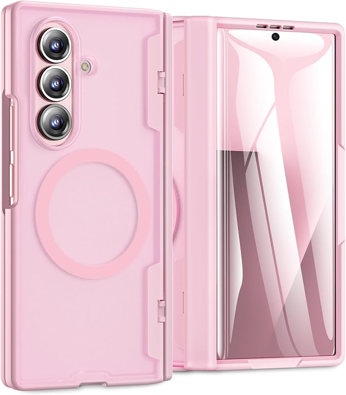 Caka Magnetic for Samsung Galaxy Z Fold 7 Case with Hinge Protection Pink | Compatible with MagSafe, Built-in Outer Screen Protector, Hinge Guard, Translucent Matte Back, 360° Hybrid Drop Defense