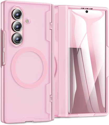 Caka Magnetic for Samsung Galaxy Z Fold 7 Case with Hinge Protection Pink | Compatible with MagSafe, Built-in Outer Screen Protector, Hinge Guard, Translucent Matte Back, 360° Hybrid Drop Defense