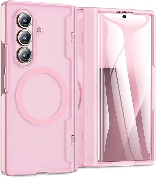 Caka Magnetic for Samsung Galaxy Z Fold 7 Case with Hinge Protection Pink | Compatible with MagSafe, Built-in Outer Screen Protector, Hinge Guard, Translucent Matte Back, 360° Hybrid Drop Defense
