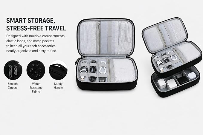 Electronic Organizer Travel Essentials Case, Waterproof Double Layer Cable Storage Pouch Bag for Charger, USB Cords, Power Bank, Phone Mouse SD Card Earphone Camera, Tablet (Up to 11 inch)