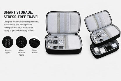 Electronic Organizer Travel Essentials Case, Waterproof Double Layer Cable Storage Pouch Bag for Charger, USB Cords, Power Bank, Phone Mouse SD Card Earphone Camera, Tablet (Up to 11 inch)