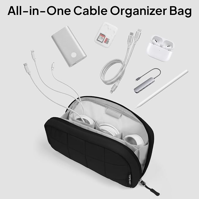 TOPEAST Quilted Cable Organizer Bag, Soft Tech Pouch & Travel Electronics Case with Elastic Pen Loop, Tangle-Free Cord Organizer for Women, Office Desk, AirPods, Chargers & Accessories, Black