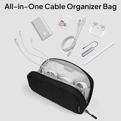 TOPEAST Quilted Cable Organizer Bag, Soft Tech Pouch & Travel Electronics Case with Elastic Pen Loop, Tangle-Free Cord Organizer for Women, Office Desk, AirPods, Chargers & Accessories, Black