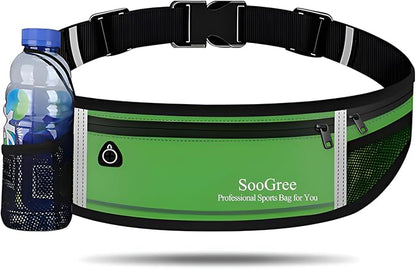 SooGree Men Women Running Belt Fanny Pack,Reflective Workout Sport Waist Pack Bag,Running Phone Holder Belt with Water Bottle Holder, Ideal for Running,Walking,Cycling,Gym Workouts (GSP8803-Green)