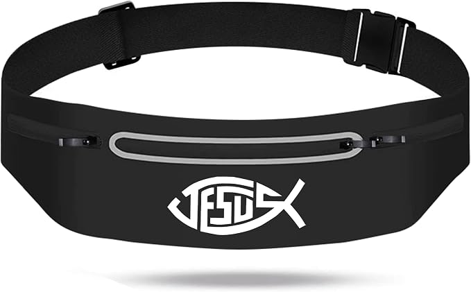 Jesus Fish Black Running Belts for Women,Adjustable Waist Fanny Pack Phone Holder Christian Faith Jesus Men Running Bag,Waterproof Reflective Slim Jogging Pouch Religious Christian runner Gifts