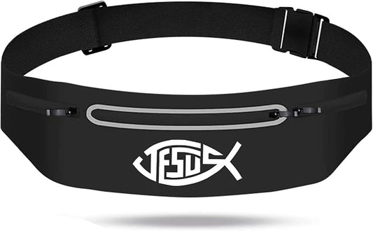 Jesus Fish Black Running Belts for Women,Adjustable Waist Fanny Pack Phone Holder Christian Faith Jesus Men Running Bag,Waterproof Reflective Slim Jogging Pouch Religious Christian runner Gifts