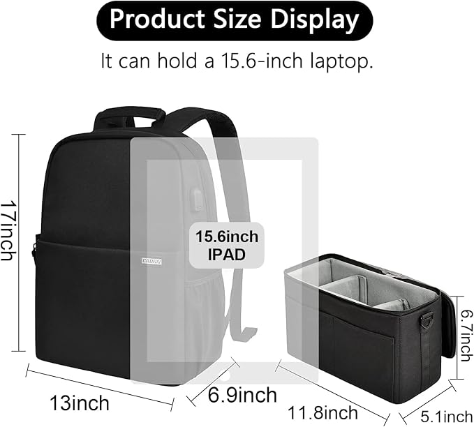 CADeN Camera Backpack Bag with 15.6" Laptop Compartment USB Charging Port, Waterproof Camera Case for DSLR Mirrorless SLR Cameras, Compatible for Sony Canon Nikon Camera and Lens Tripod Accessories