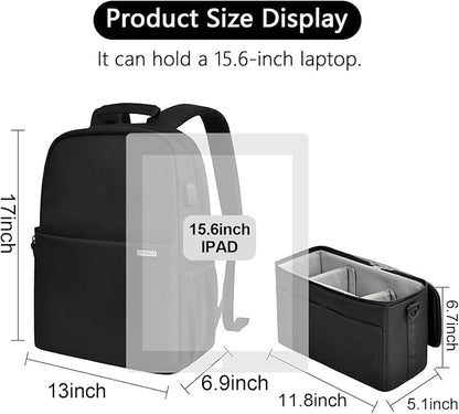 CADeN Camera Backpack Bag with 15.6" Laptop Compartment USB Charging Port, Waterproof Camera Case for DSLR Mirrorless SLR Cameras, Compatible for Sony Canon Nikon Camera and Lens Tripod Accessories