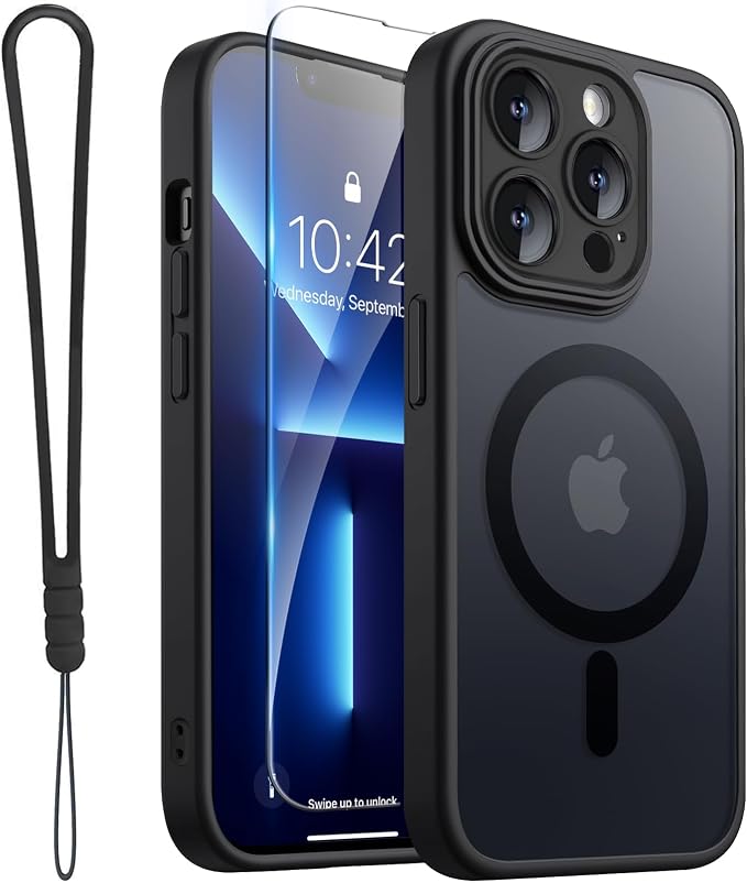ROYBENS for iPhone 13 Pro-Max Matte Clear Case Compatible with Magsafe, Full Camera Lens Protection, Screen Protector, Wrist Strap, Translucent Magnetic Slim Hard Protective Phone Cover, Black