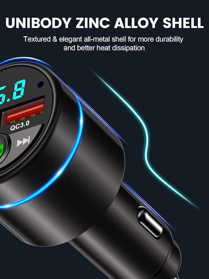 FM Transmitter for Car Bluetooth 5.3, [All-Metal] PD 30W & QC3.0 18W Fast Car Charger, Wireless FM Radio Kit Bluetooth Car Adapter, Noise Cancelling Hands-Free Call, Blue Light - Black