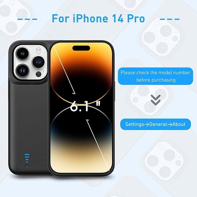 Battery Case for iPhone 14 Pro, Real 6500mAh Extended Charging Case with Kickstand Portable Rechargeable Charger Cover for iPhone 14 Pro (6.1 inch) - Black