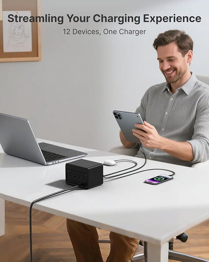 Gitryin 12-in-1 Desktop Charging Station with 3 Retractable Type-C Chargers and 1 Lightning Charger, 160W USB-C Charging Hub with 33.5in Cable, 4 AC, 1 USB A Port, 3 USB C Ports