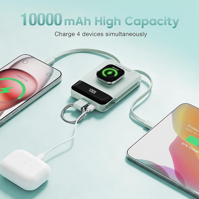 10000mAh Portable Charger,PD 22.5W Super Fast Charging Power Bank with Built-in Cables, Travel Keychain Battery Pack for iPhone 17/16/15/14/13/12,Apple Watch Ultra/11/10/9/8/7/6/SE (Green)