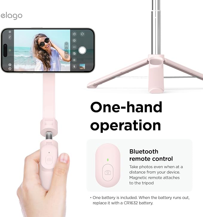 elago Magnetic Selfie Stick Tripod Compatible with MagSafe for iPhone and Galaxy, Strong Magnetism, Portable, Lightweight, Extendable [Pouch, Bluetooth Remote, Guide Sticker Included] [Lovely Pink]