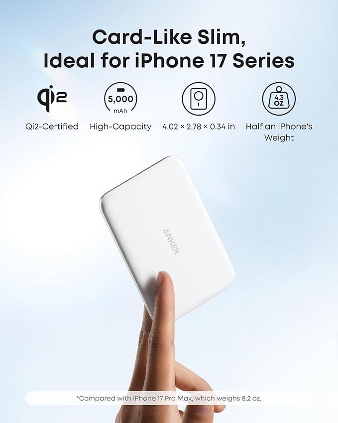 Anker Nano MagSafe Power Bank, Ultra-Slim 5,000mAh Magnetic Wireless Charging Battery, Qi2 Certified 15W Max MagSafe-Compatible Portable Charger, Ergonomic Design, for iPhone Air/17/16 Series