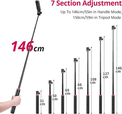 ULANZI MT-71 Tripod Selfie Stick & Vlog Handle with Magnetic Quick Release&1/4'' Screw, 59in Extendable Lightweight Tripod Stand (7-Section) for DJI Pocket 3/Insta360 X5 X4 X3 Series
