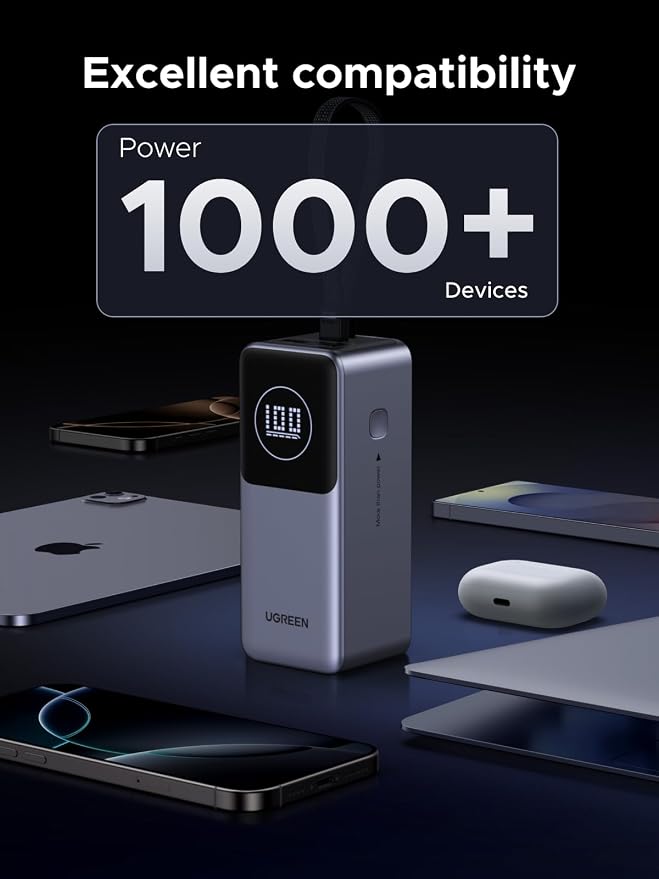 UGREEN Nexode Power Bank 20000mAh 130W with Built-in USB C Cable Laptop Travel Portable Charger, 80W Input, Fast Charging for MacBook Pro/Air/iPhone 17/16/iPad Pro/Galaxy S25 Ultra/Dell/HP and More