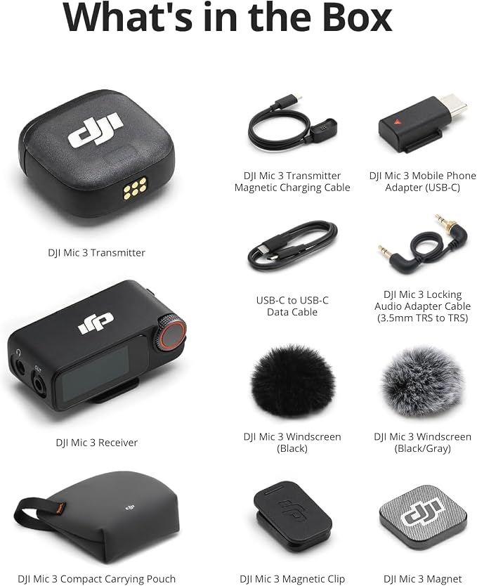 DJI Mic 3 (1 TX + 1 RX), Wireless Lavalier Mic for iPhone/Camera/Android, Ultralight, Extended Operating Time & Fast Charging, 1312ft (400m) Transmission, Noise Cancelling, Vlog, Streaming