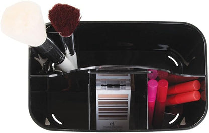 mDesign Small Plastic Shower/Bath Storage Organizer Caddy Tote with Handle for Dorm, Shelf, Cabinet - Hold Soap, Shampoo, Conditioner, Combs, Brushes, Lumiere Collection, Black