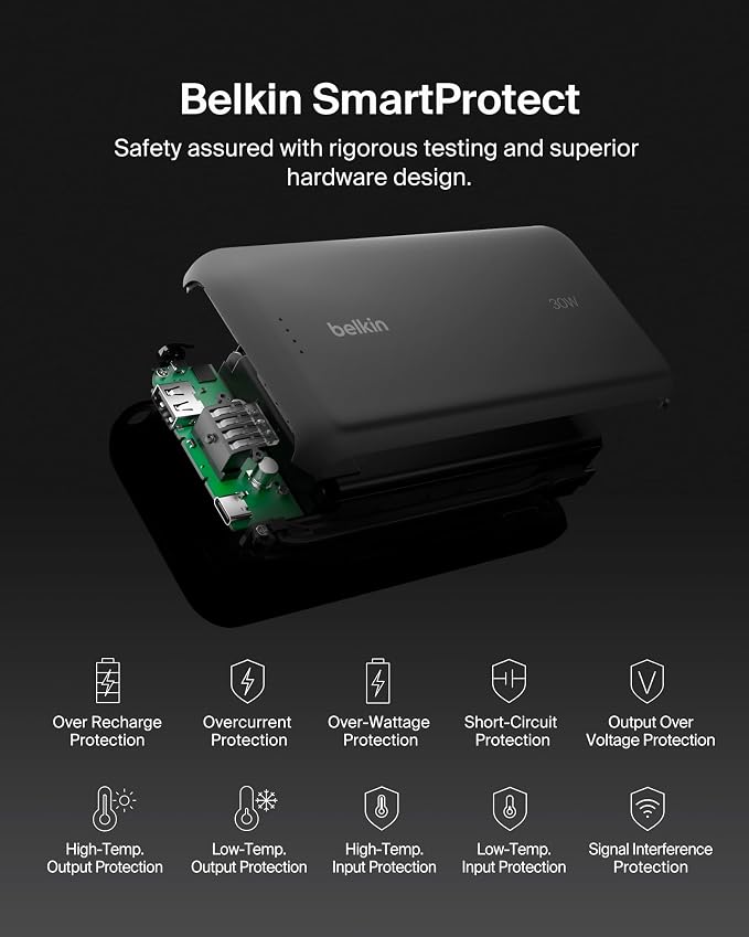 Belkin Power Bank with Integrated Cable, Fast Charging USB-C, 20000 mAh 30W, Portable Charger Power Bank USB C for iPhone 17, Air, Pro, Pro Max, iPad, AirPods, Apple Watch, Galaxy S25, & More - Black