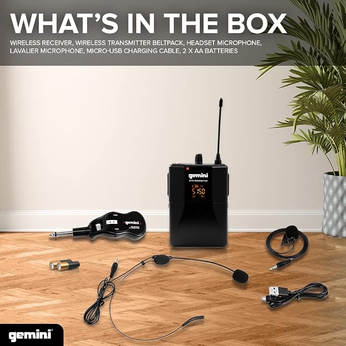Gemini UHF Wireless Microphone System – Dual Lavalier & Headset Mics with Bodypack, USB Rechargeable Receiver, 50m Range, Cardioid Pattern for Teaching, Streaming, Karaoke & Events (GMU-HSL100)