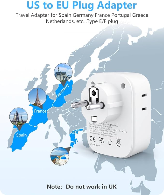 LENCENT Germany France Travel Power Adapter, PD 45W USB C Fast Charger | Schuko Type E F Plug Adapter with 4 Outlets, Travel Essentials for US to Europe EU Spain Greece Russia Germany South Korea