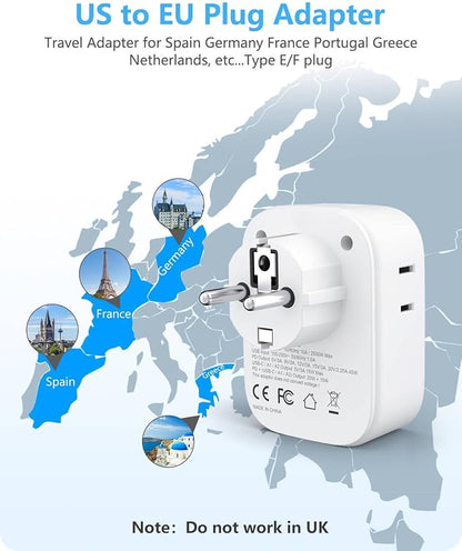 LENCENT Germany France Travel Power Adapter, PD 45W USB C Fast Charger | Schuko Type E F Plug Adapter with 4 Outlets, Travel Essentials for US to Europe EU Spain Greece Russia Germany South Korea