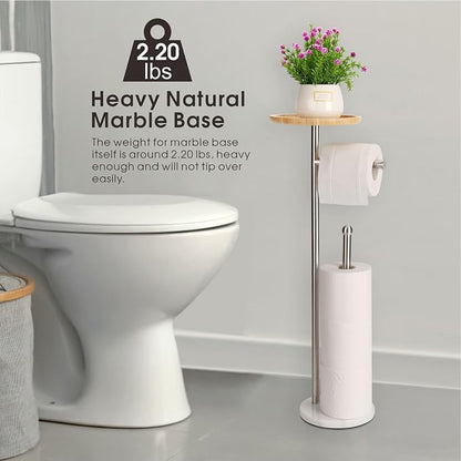 Toilet Paper Holder Stand with 7.9" Big Bamboo Tray, 2.2Lbs Heavier Marble Base, Floor Standing Paper Holder Stand with Phone Shelf, Reserve for 4 Rolls (Brushed Nickel)