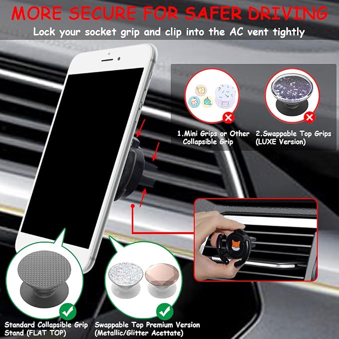 Car Vent Mount Holder - Compatible with Popsocket - Car Mount Made for Pop Socket Grips Collapsible Phone Holder for Pop Mount with Secure AC Vent Clip Horizontal Air Vent ONLY (Black)