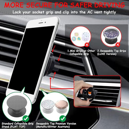 Car Vent Mount Holder - Compatible with Popsocket - Car Mount Made for Pop Socket Grips Collapsible Phone Holder for Pop Mount with Secure AC Vent Clip Horizontal Air Vent ONLY (Black)