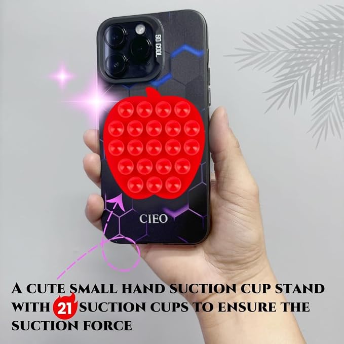 CIEO Silicone Phone Grip, 21 Suction Cups, Suitable for Selfies and Videos on Mirrors, bathrooms and Smooth Surfaces, Compatible with iPhone, Samsung(Apple Shaped, Red)