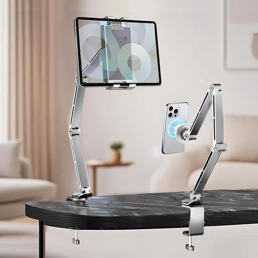 Tablet Stand for Desk, iPad Desk Mount, Magnetic Tablet Holder for Desk, Foldable Phone Arm Mount with 360° Adjustable Rotatable, Phone Holder iPad Stand Fits for 4.7-15.6" Screen (Sliver)