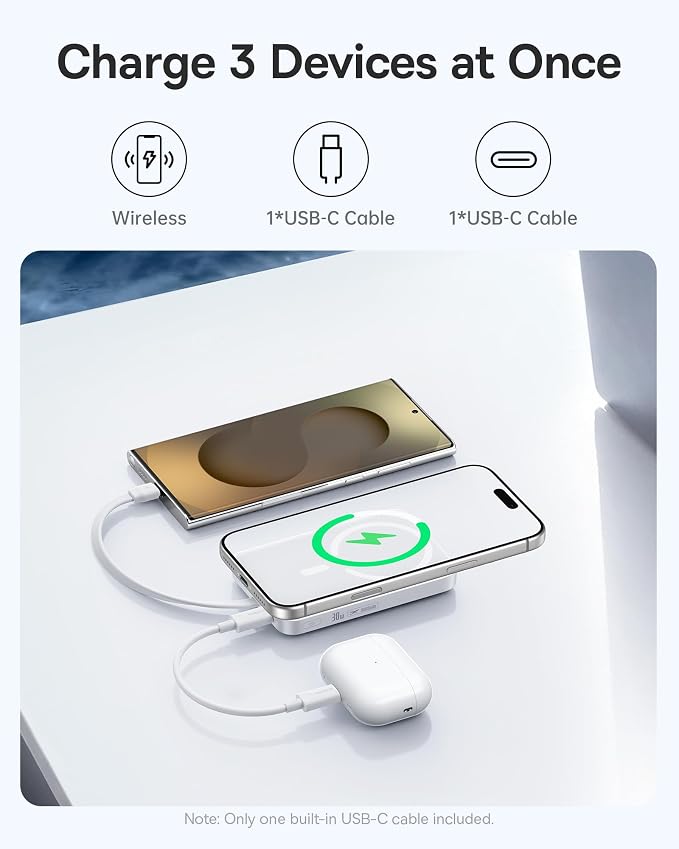 Baseus Magsafe Power Bank, 10,000mAh 30W Magnetic Portable Charger, Fast Charging Wireless Battery Pack with Built-in Braided USB-C Cable for iPhone 17 Pro Max/Air/16/15/14/13, AirPods, iPad and More