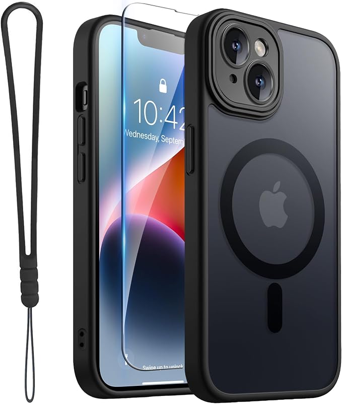 ROYBENS for iPhone 14 Matte Clear Case Compatible with Magsafe, Full Camera Lens Protection, Screen Protector, Wrist Strap, Translucent Magnetic Slim Hard Protective Phone Cover, Black