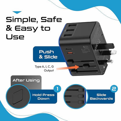 Ceptics Universal Travel Adapter, 45W International Power Adapter with PD & QC 3.0 Dual USB-C, 3 USB Travel Adapter Worldwide, Type I C G A Outlets - EU Euro US UK (11-KU)