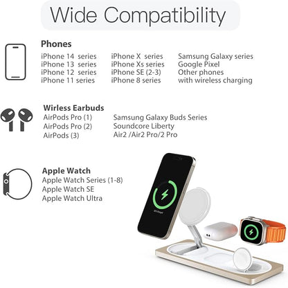 3-in-1 Charging Station for Apple Devices: Used for iPhone and Watch Charging Station with Magsafe Charger Stand, Wireless Charger for iPhone 17 Air 16 15 14 13 Series, Apple Watch Ultra, AirPods Pro