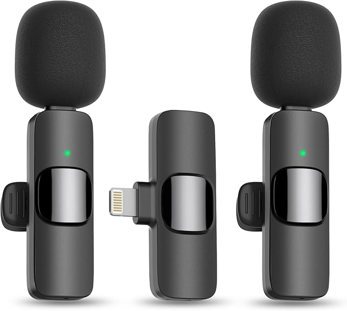 MAYBESTA Wireless Mini Microphone for iPhone 14 Below - Bluetooth Lapel Mic for Video Recording - Clip on Phone Microphones for YouTube Tiktok(Lightning / 2 mics)