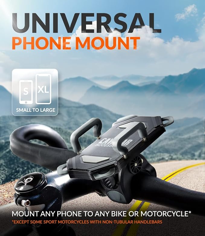 CAW.CAR Accessories Bike & Motorcycle Phone Mount - for iPhone 17 (16, Xr, SE, Plus/Max) or Any Cell Phone - Universal Handlebar Holder for ATV, Bicycle or Motorbike. +100 to Safeness & Comfort