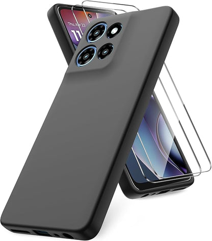 for Motorola Moto G 2025 Case, 2 Pack Tempered Glass Screen Protectors, Soft TPU Liquid Silicone Shockproof Gel Case-Black