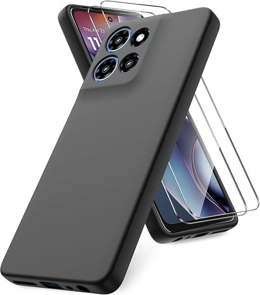 for Motorola Moto G 2025 Case, 2 Pack Tempered Glass Screen Protectors, Soft TPU Liquid Silicone Shockproof Gel Case-Black