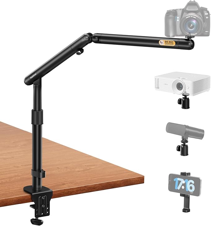 Overhead Camera Mount, Adjustable Desk Mount with Flexible Aluminum Spring Arm, 360° Ball Head, 1/4" 3/8" Screw & Phone Clamp for DSLR Cameras, Light, Heavy Microphones, and Smartphones